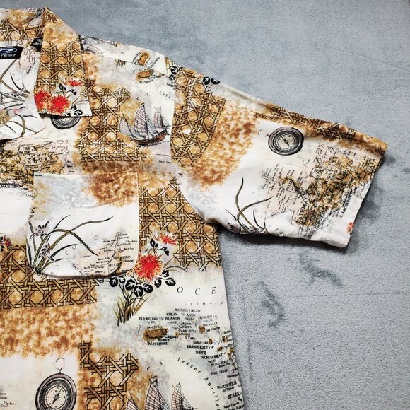 Protest Button Up Short Sleeve Shirt Oriental Map Theme Red Brown Tan Wm Sz M - Picture 5 of 9